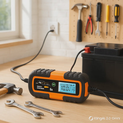 Chargeur de batterie intelligent orange 12V 6A avec booster connecté à une voiture et une moto dans un garage, écran LCD affichant la réparation par impulsions et l'état de charge en temps réel, les deux moteurs redémarrent avec succès.