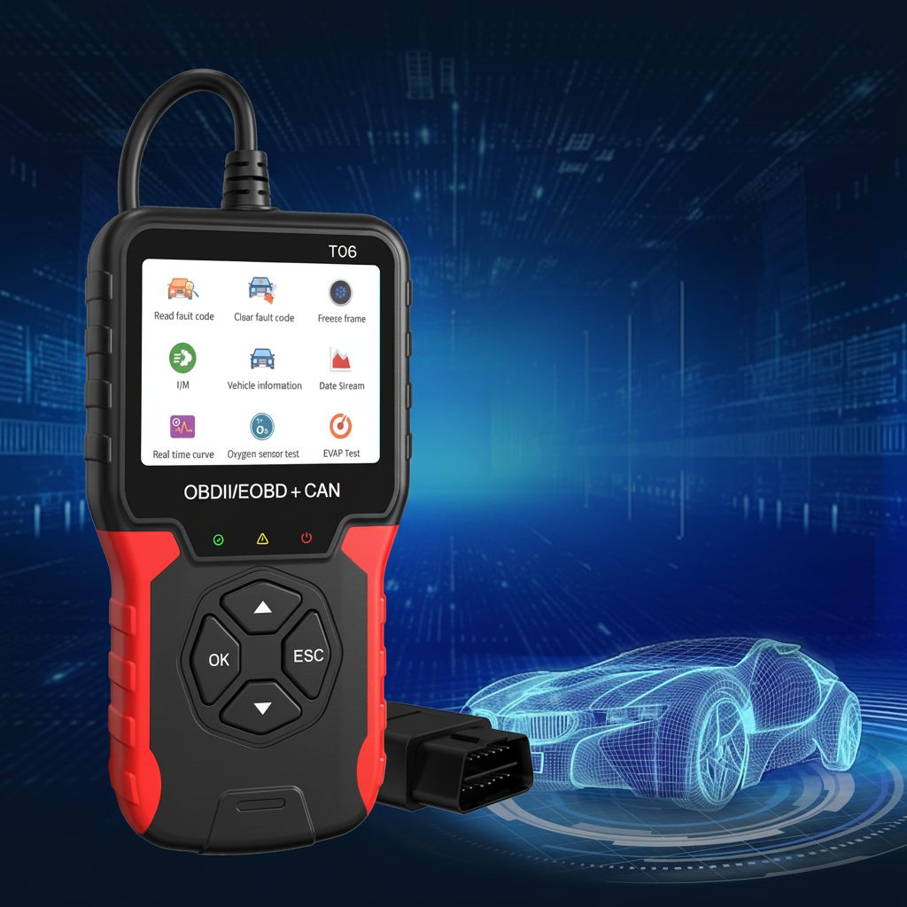Scanner OBD2 RUOGINSS T06 – Design compact fond tech bleu voiture holographique