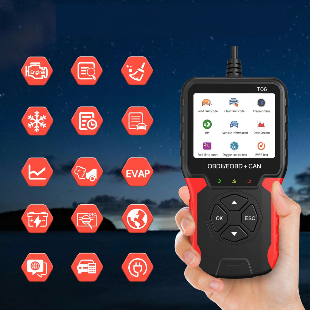 Scanner OBD2 RUOGINSS T06 – Icônes fonctionnalités diagnostique automobile