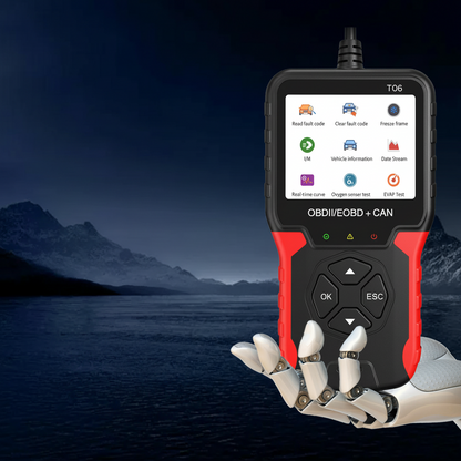 Scanner OBD2 RUOGINSS T06 – Tenu en main fond lac et montagnes nuit